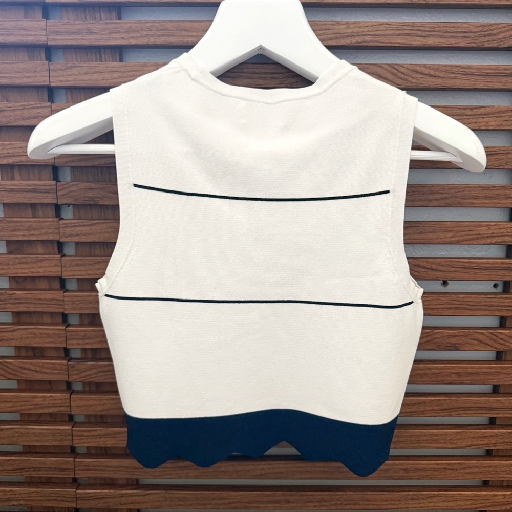 TANYA TAYLOR White navy blue stripe XAVIER KNIT crop TOP - Picture 2 of 5